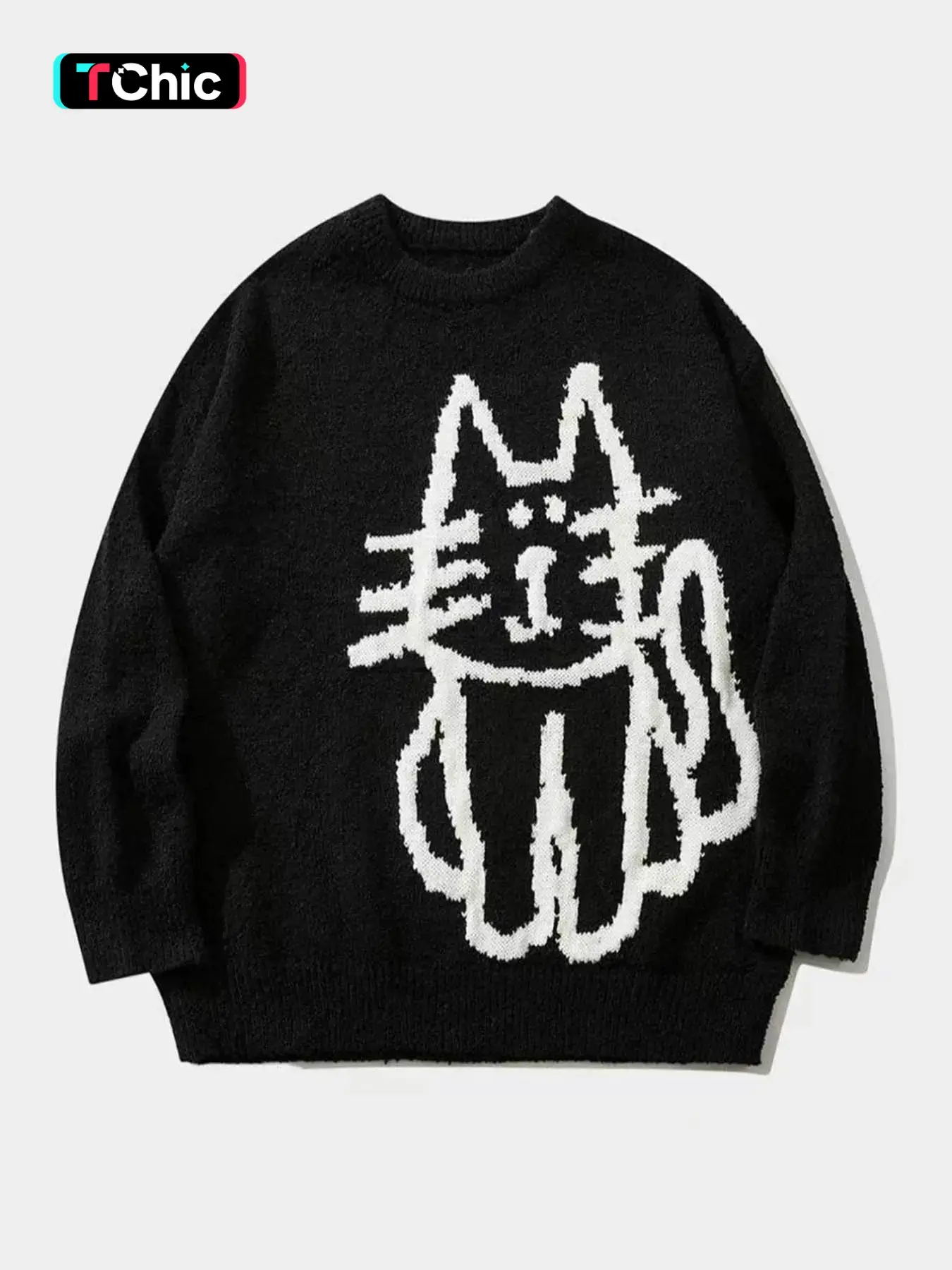 Women's Cat Pullover Sweater, Fall Winter New Loose Knit Top, Vintage Cute Style, Round Neck, Comfortable and Slimming, Elegant and Trendy, Knitwear