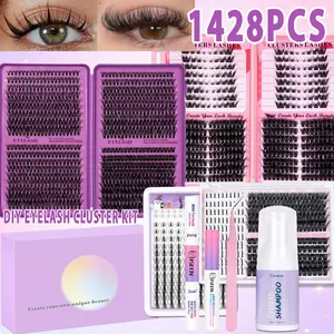 8-Style Volume D-Curl Individual Lash Clusters Kit - 1428-Piece, 40D-300D & Bottom/Spiky Styles - Eyelash Extensions Kit with Lash Bond & Seal, Tweezers, Remover, Eyelash mousse- Easy DIY At-Home Eyelash Set