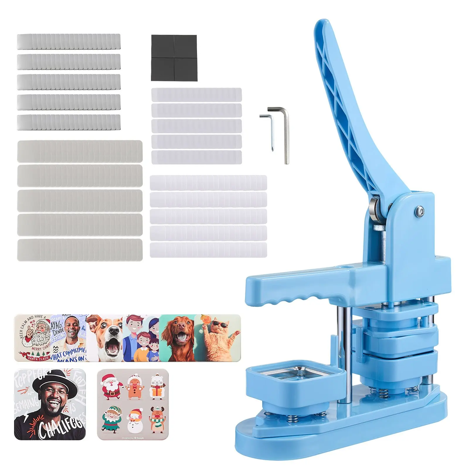 VEVOR Square DIY Badge Maker Machine, 50mm (1.97x1.97 in) Personalized Gifts Pin Maker (7.7 lbs) with Tinplate Front Shells, Plastic Back Covers, Magnetic Backings, Transparent Films, Ergonomic Handle, Coated Paper Compatible, Blue, Bottle Openers Ready