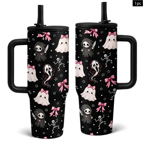 1PC Coquette Halloween 40oz Vacuum with Handle, Lid and Straw, Pink Bow, Ghost and Skeleton Pattern, Stainless Steel Travel Mug, Beverage Tumbler, Gift for Women, for Car, Office and Travel