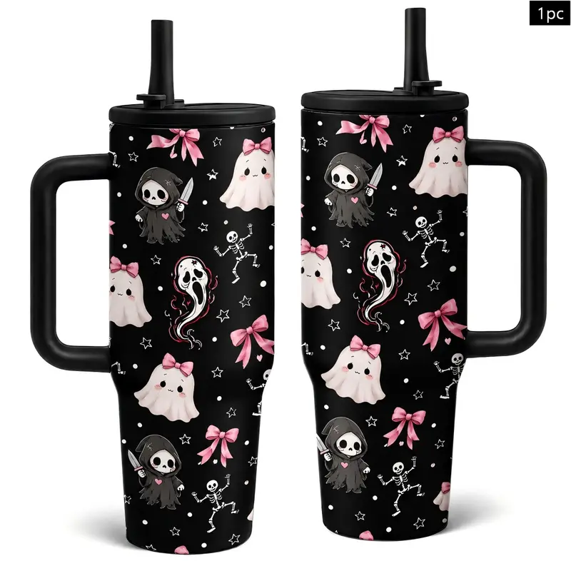 1PC Coquette Halloween 40oz Vacuum with Handle, Lid and Straw, Pink Bow, Ghost and Skeleton Pattern, Stainless Steel Travel Mug, Beverage Tumbler, Gift for Women, for Car, Office and Travel