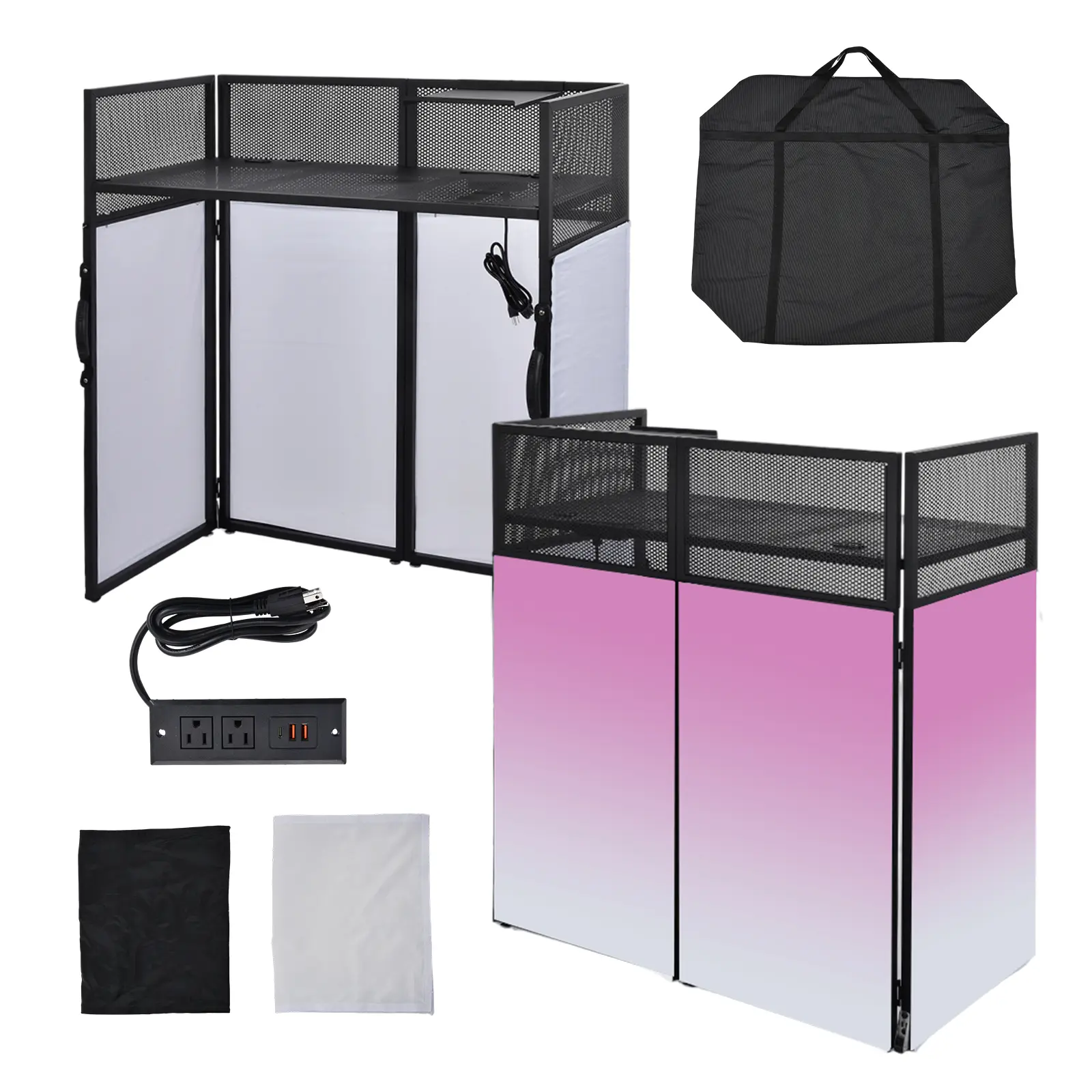 Portable Height-Adjustable DJ Booth Table with Folding Design, Metal Frame, Casters, USB Power Strip, Storage Bag, Accessories - Commercial Audio Mixer Stand for Shows, Dance Parties