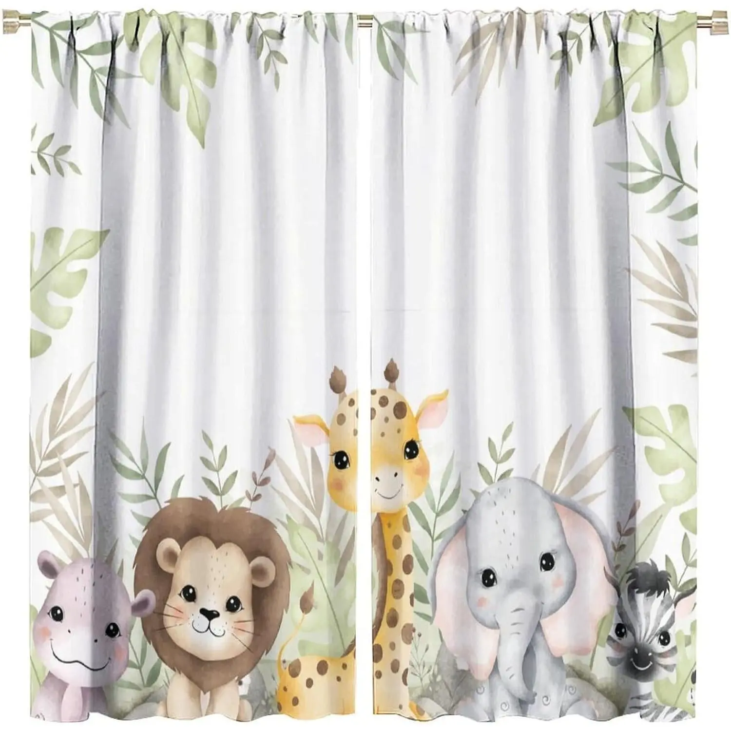 Rectangular Animal-Themed Polyester Nursery Curtains, 42x45", Jungle Safari Giraffe & Animal Cub Print, 75% Blackout Fabric, Easy Install & Machine Washable for Kids Room Decor