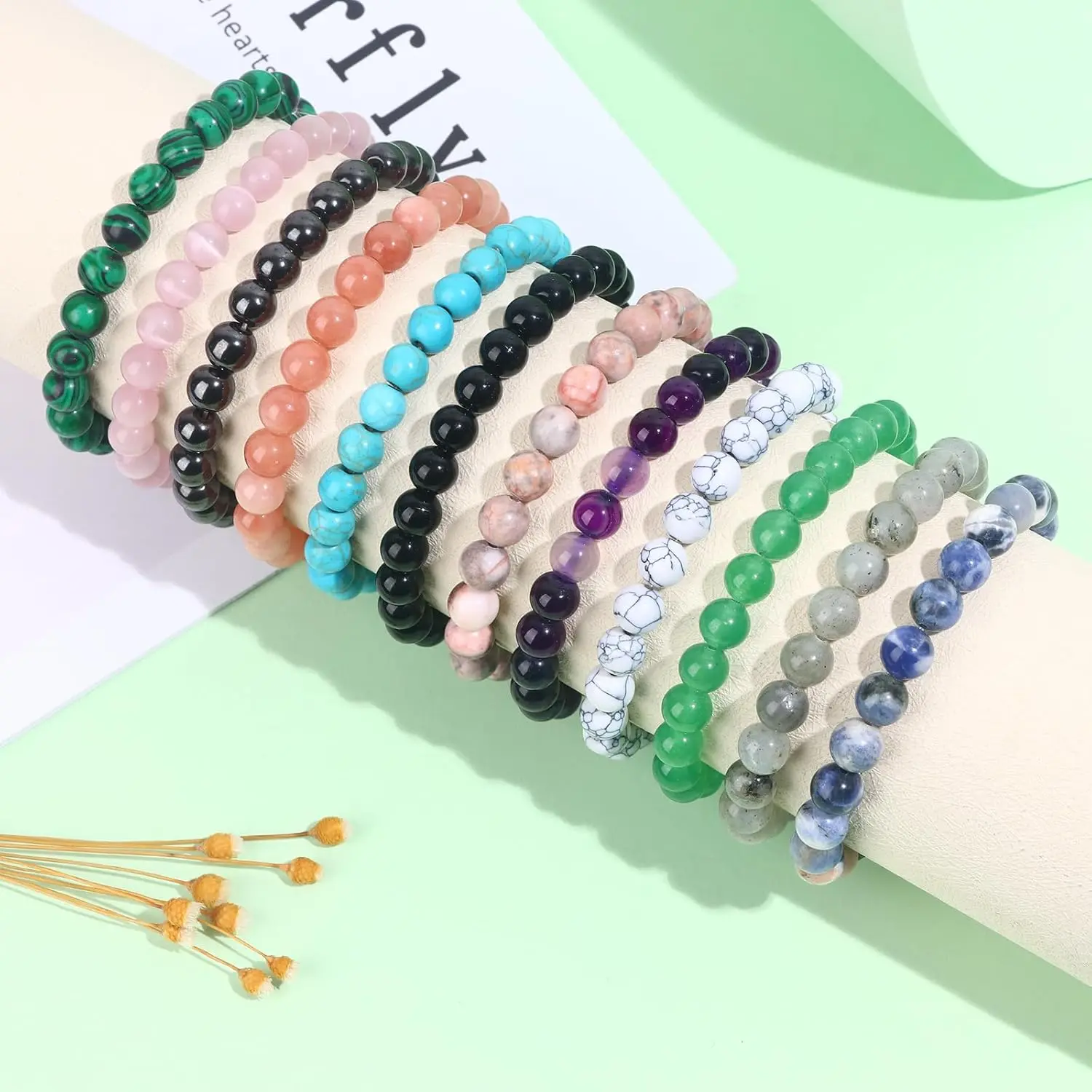 12PCS Authentic Healing Crystal Bracelets Set - 8mm Semi-Precious Multicolor Beaded Stretch Bracelets for Adults, Unisex Stackable Round Jewelry Gift Pack with Malachite, Meaningful Cards, Adjustable Comfort, Choking Hazard Small Parts