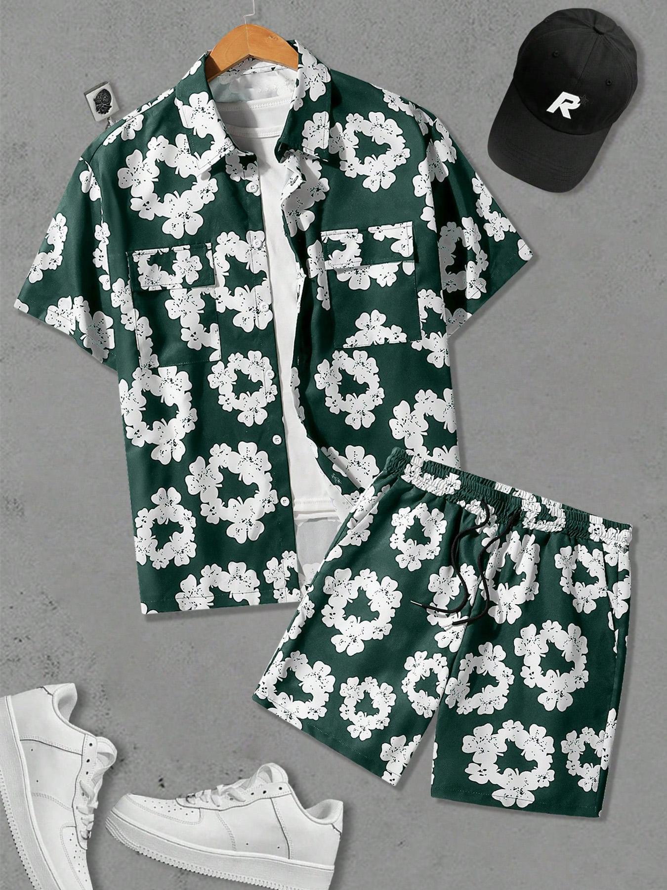 Men's Floral Print Shirt & Shorts Set, Regular Fit Casual Short Sleeve Button Top & Shorts, Men's Summer Outfits Set for Beach Vacation