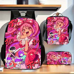 OMORI Harajuku-style pink-themed "Bewildered Girl" full-print solid color three-piece school bag set, including a backpack, insulated lunch bag, and stationery storage bag, suitable for daily use by teenagers