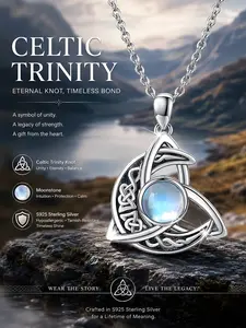Women's S925 Sterling Silver Elegant Design Boho Style Celtic Knot Moonstone Pendant Necklace, Casual Fashion Chain, Daily Wear Gift Jewelry, Dainty Boho Necklace
