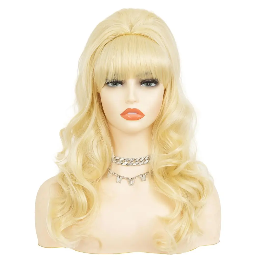 Blonde Beehive Long Curly Wavy Wigs for Women Updo 50s 60s Retro Bouffant Wig with Bangs for Halloween Costume Party