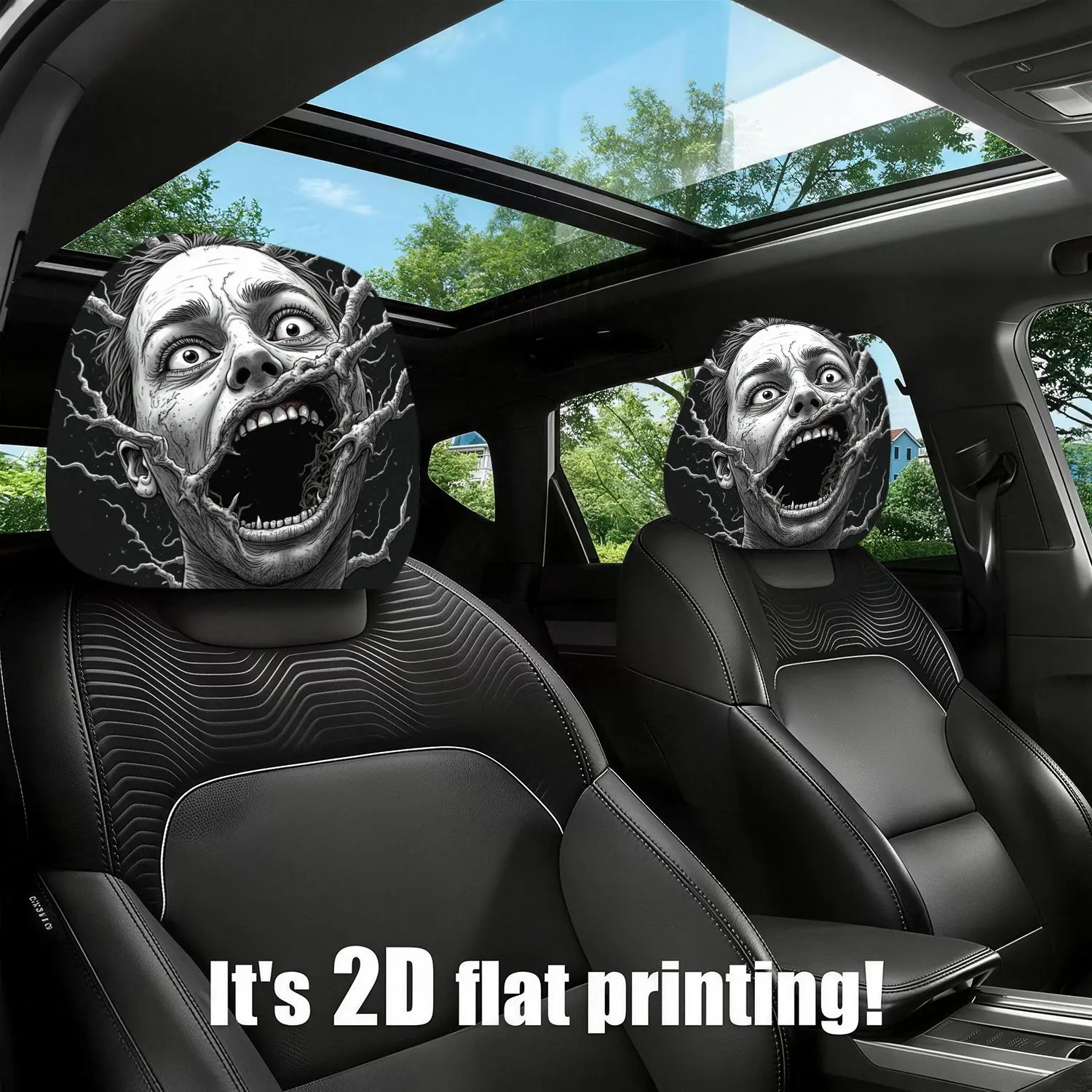 2Pcs Modern Horror Style Screaming Face Pattern Car Headrest Covers, Universal Automotive Interior Decor Accessories For Models And Seasons, Easy To Install Daily Travel Essentials, Trendy Car Decorat