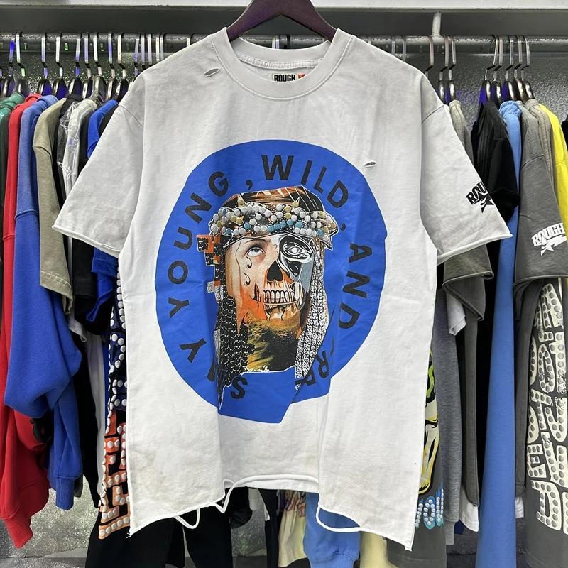 Vintage Washed Roughplay T-Shirt, Heavyweight White Ink Jesus Skull Print, Retro Rockabilly Bling Diamond Patchwork, American Hip Hop Unisex Streetwear Short Sleeve Cotton Tee