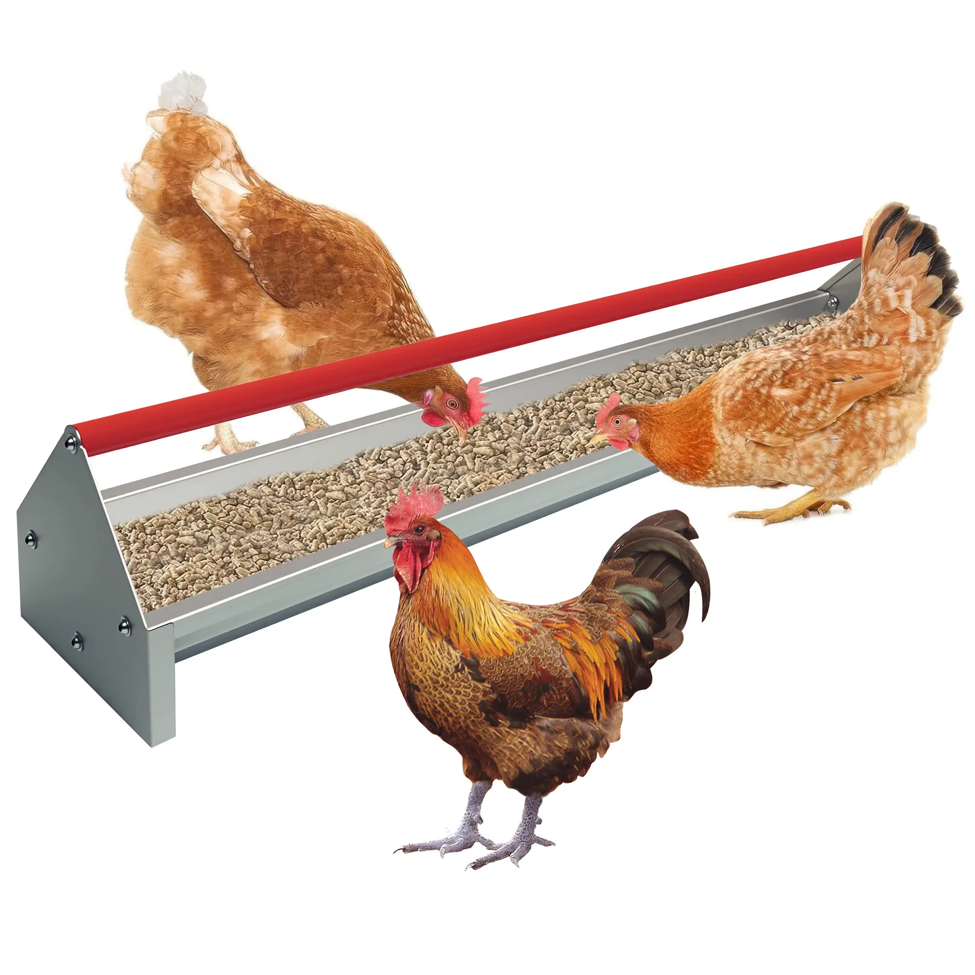Large Capacity Galvanized Steel Poultry Feeder Trough – Heavy Duty Metal Construction with Rotating Crossbar & Drainage Holes, Easy to Clean & Assemble, Weatherproof for Chickens, Ducks, Geese, Turkeys – Ideal for Barn & Farm