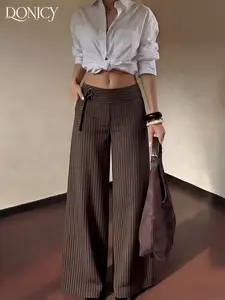 Women's Striped High-Waisted Long Pants, Casual Trousers, Button Design, Wide-Leg Fit, Casual Loose Fit, Elegant Casual Wear for Office, Brunch, Street, Leisure, Womenswear
