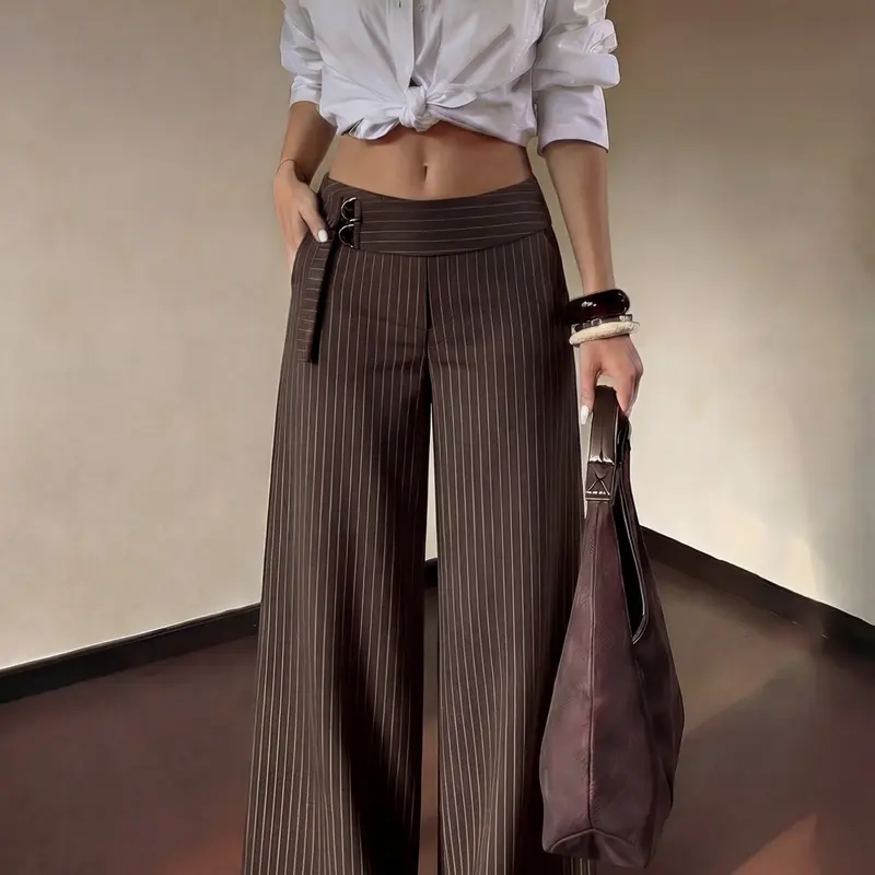 Women's Striped High-Waisted Long Pants, Casual Trousers, All Seasons Trousers, Casual Fashion Trousers, Button Design, Wide-Leg Fit, Casual Loose Fit, Elegant Casual Wear for Office, Brunch, Street, Leisure, Womenswear