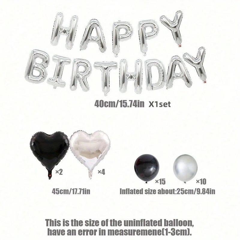 32pcs Balloon Set 16inch Silver Happy Letter & 18inch Black Silver Heart-Shaped Aluminum Foil Latex for Birthday Wedding Anniversary Party Decor