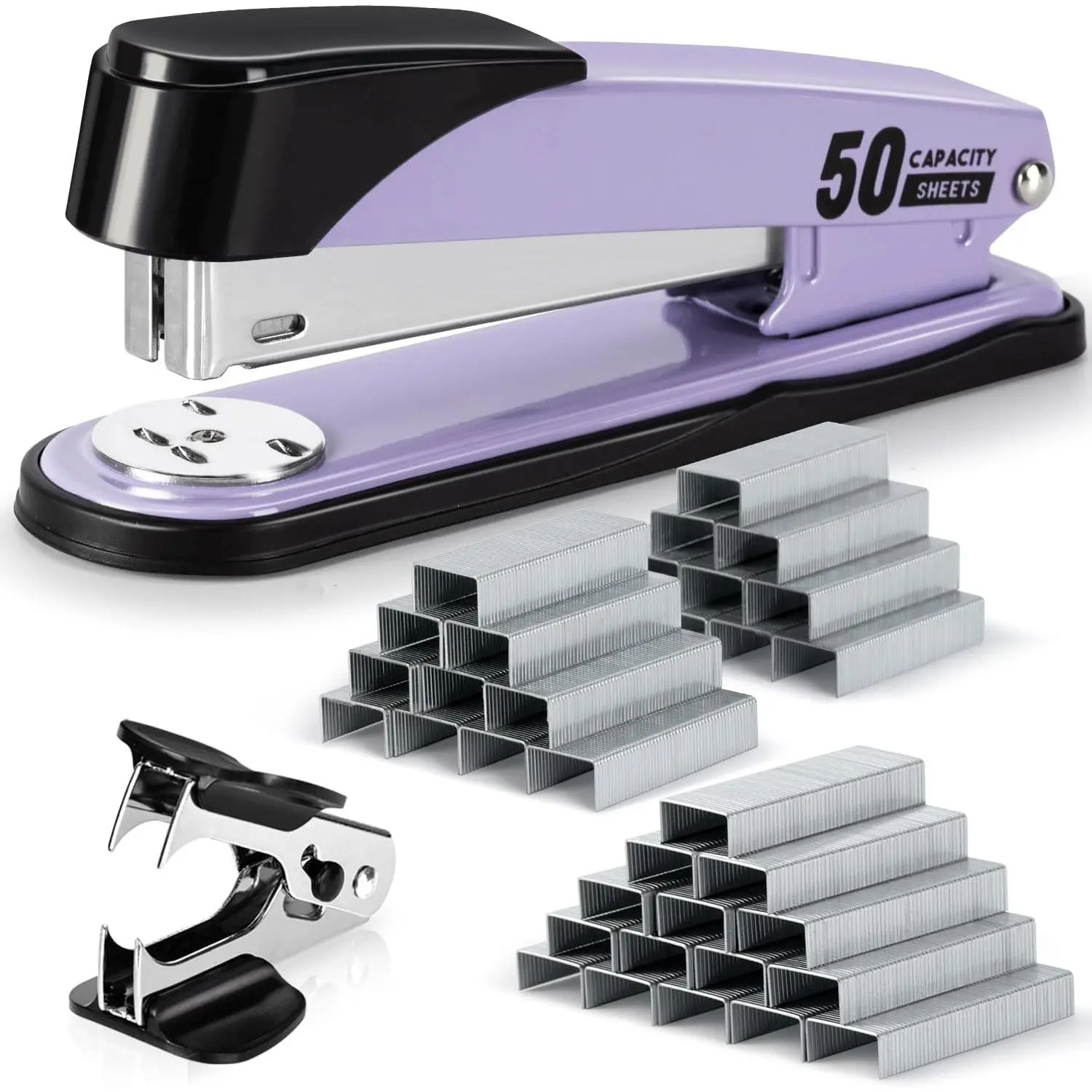 Heavy Duty Stapler with 2000 Staples and Staple Remover, 50 Sheet Capacity, No Jam, Full Strip, Non-Slip, Purple - Ideal for Office and Classroom