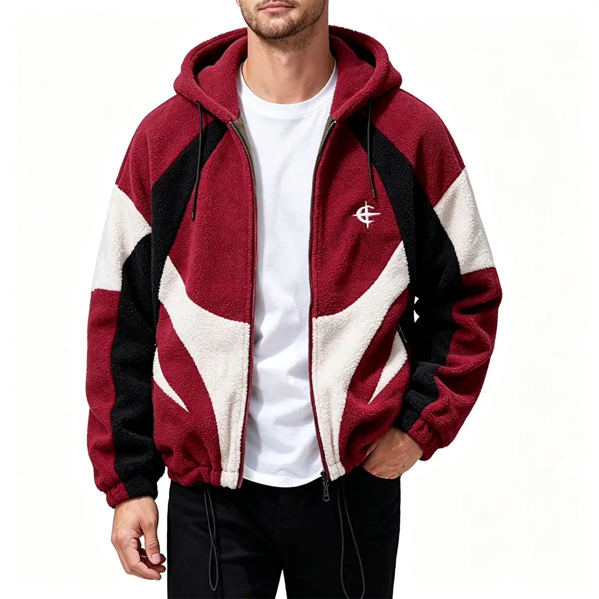 Men's color blocked zipper hooded fleece jacket with embroidered logo design on the chest, long sleeved jacket with closure, loose street style autumn and winter top.
