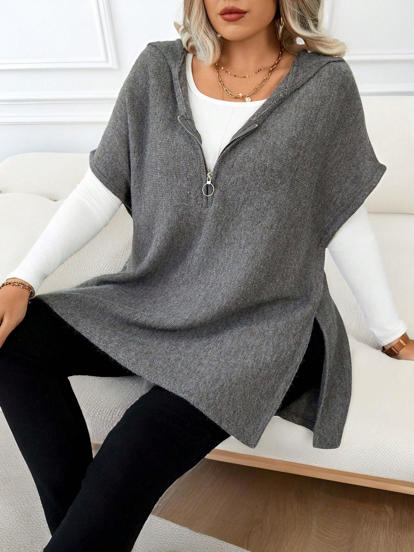 【Plus Size】 Women's Solid Half Zip Up Hooded Sweater, Casual Split Hem Jumper for Spring & Fall, Fashion Women's Knitwear for Daily Wear