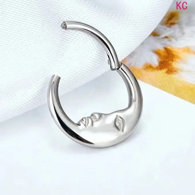 16G Titanium Moon Face Hinged Segment Septum Hoop, Easy Click Closure Unisex Body Piercing Jewelry For Daily Mystical Styling Wear