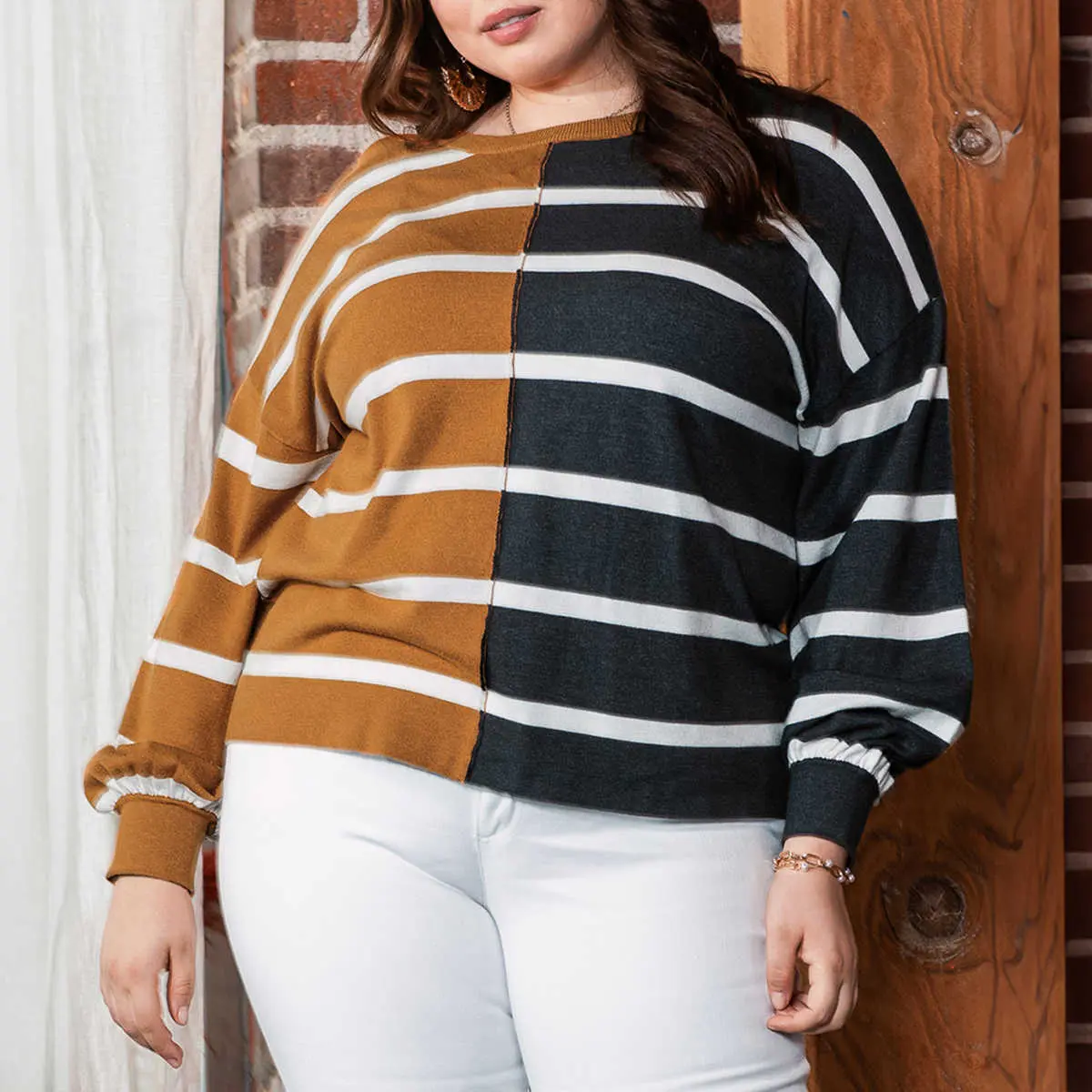 Women's Plus Size Knitwear Top - Casual Colorblock Striped Longsleeves Crew Neck Loose-Fit Sweater