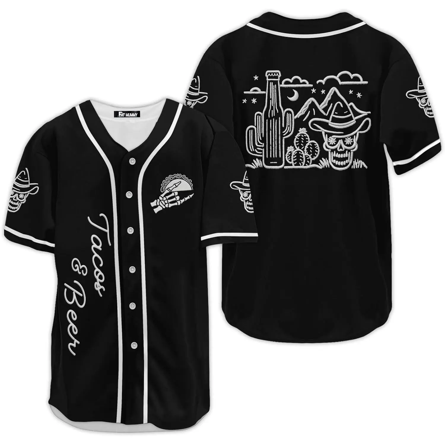 Unisex Tacos & Beer Baseball Jersey, Mexican Sugar Skull Cactus Desert Graphic Button‑Down Streetwear Shirt