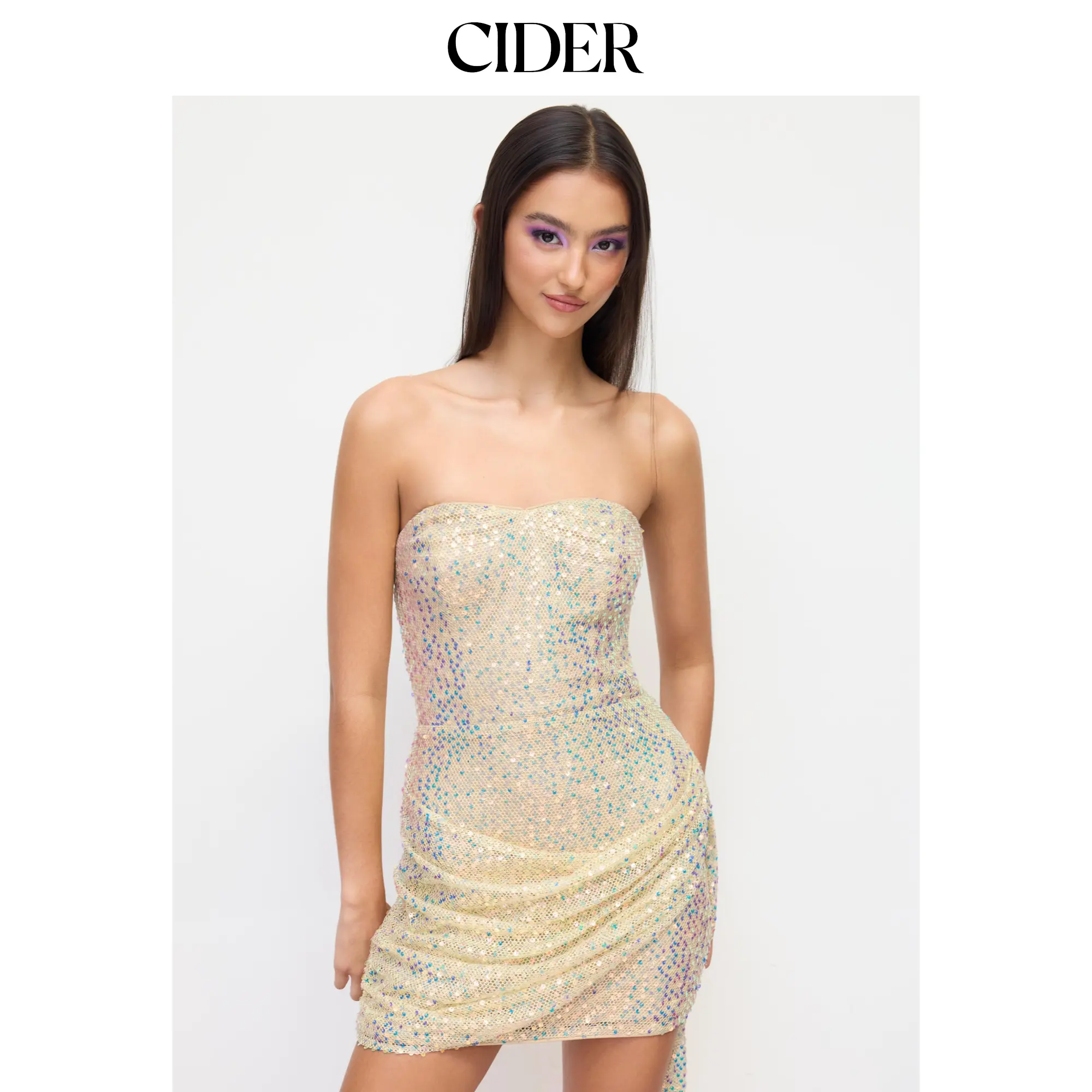Cider Sequin Fishnet Draped Bandeau Mini Dress SohoChic