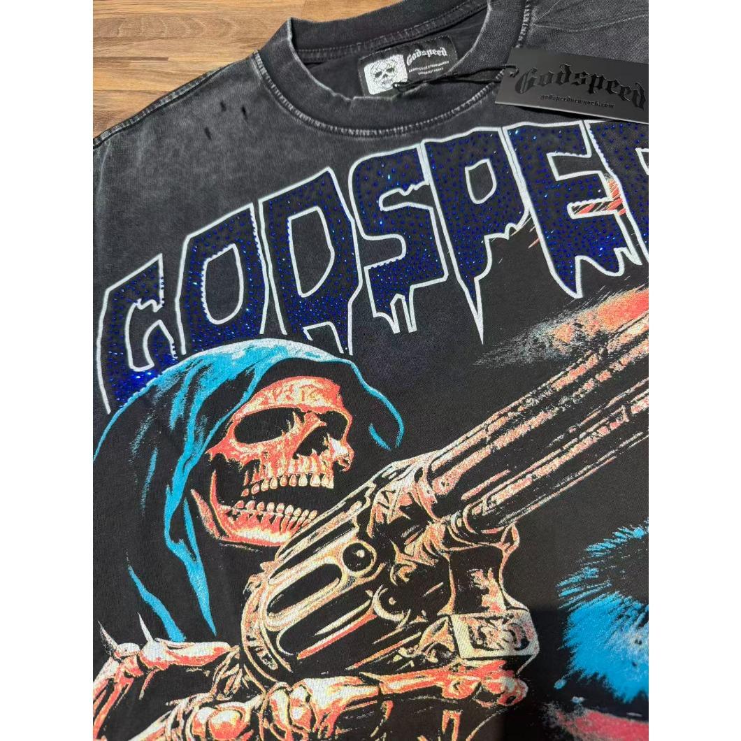 Real Photo Original Label Ripped Hot Drill Godspeed Short Sleeves T Shirt American Cotton Vintage Washed Rhinestone Bling Oversized Loose Unisex Round Neck Streetwear Hip Hop Y2K Casual Tops Tees With Tags For Men Women