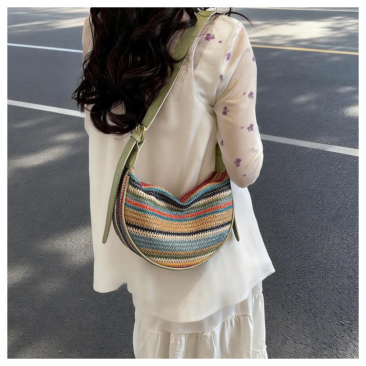 Summer Woven Bag for Women – New Style Large Capacity Cross-body Bag with Shoulder Strap – Rainbow Stripes Dumpling-Shaped Woven Fabric Tote for Daily Commuting