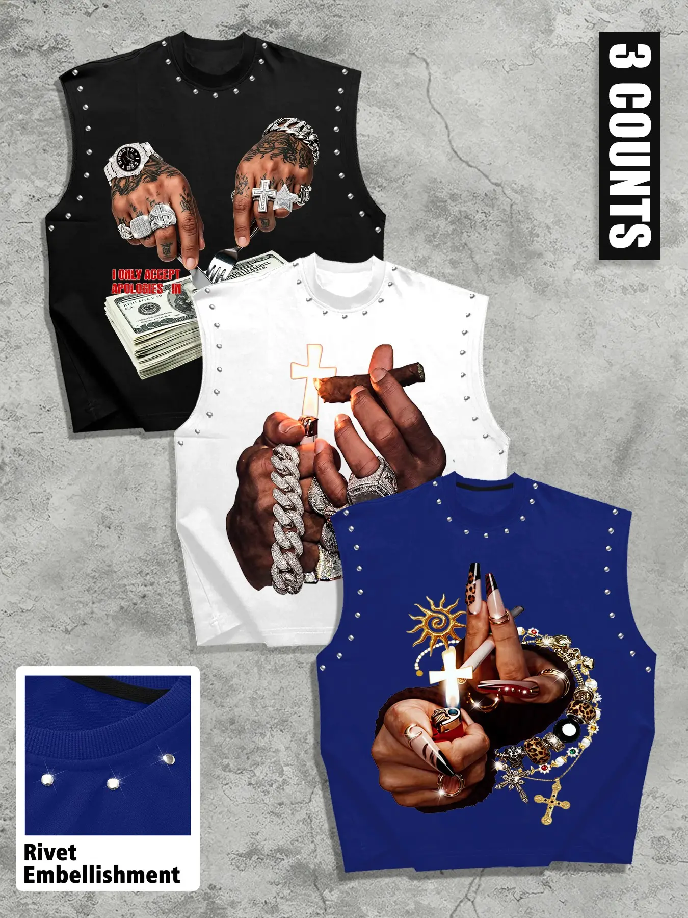 Summer Unisex Finger Print Tank Top 3-Pack, Rivet Decorative Trendy, Loose Fit Sleeveless Shirt, Comfortable Breathable Fabric, 3 Pieces Set