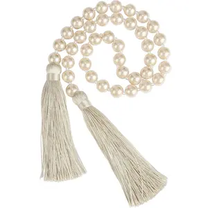 34 Inch Pearl Glass Bead Garland with Tassels Elegant Boho Table Decor Fringe Wall Hanging for Wedding Party Farmhouse Rustic Prayer Bead Home Decoration 1 Pack Off White