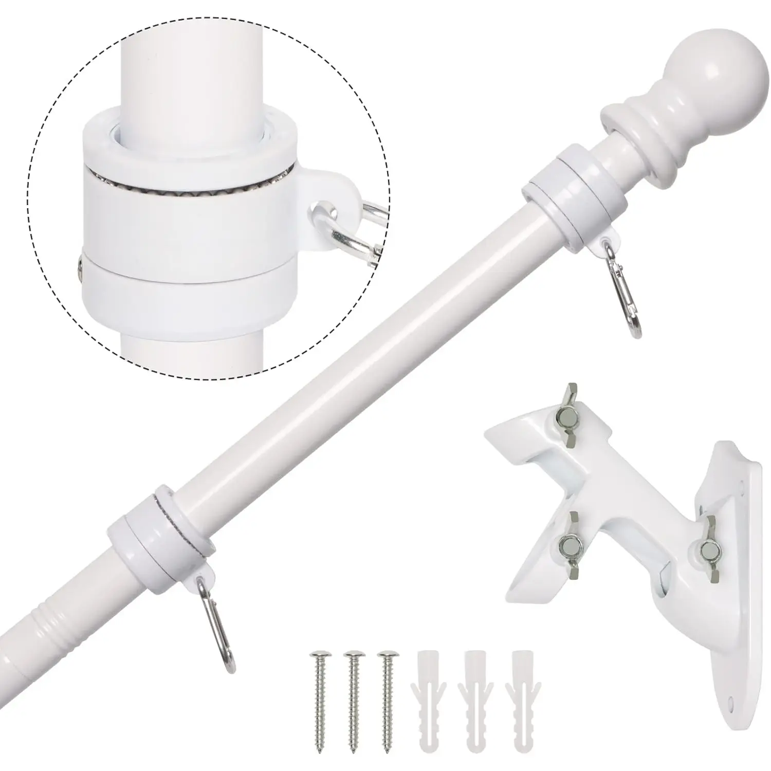 5FT / 6 FT Stainless Steel Flag Pole Kit with Bracket for Outside House | Outdoor Mounting for 3x5 American Flag (Without Flag, White) Flagpole