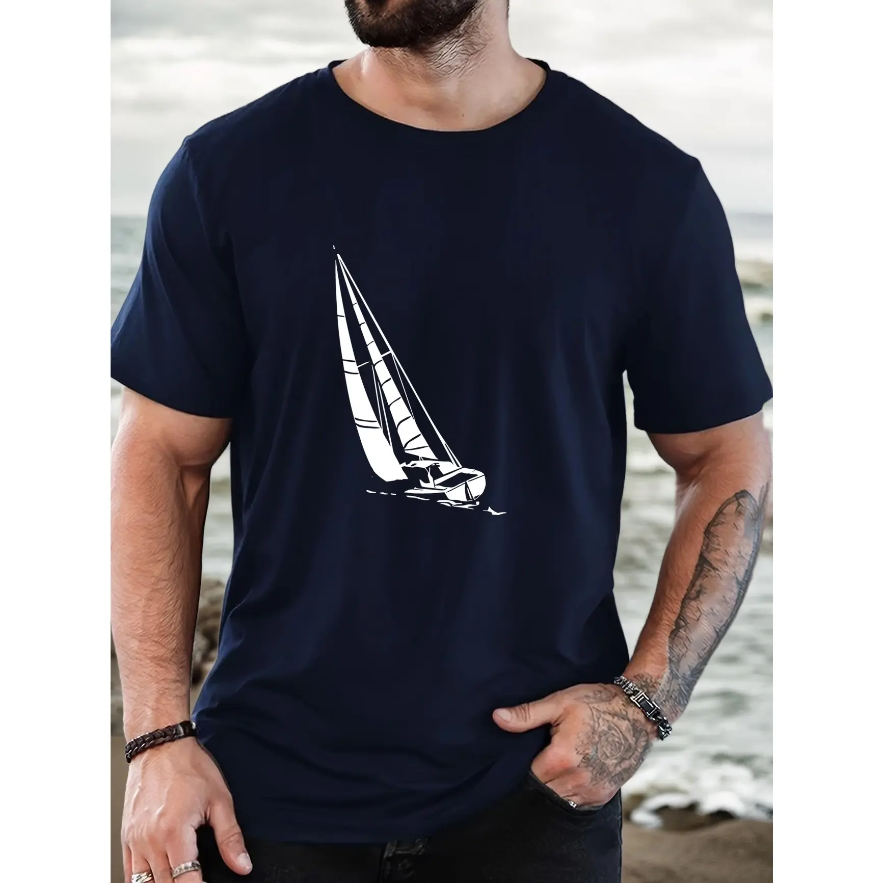 Men's Oversized Cotton Sailboat Silhouette Nautical Graphic T-Shirt - Menswear Tops, Short-Sleeve, Ocean-Themed, Simple Comfort Fashion for Sailing Lovers Holiday Gift, Stylish