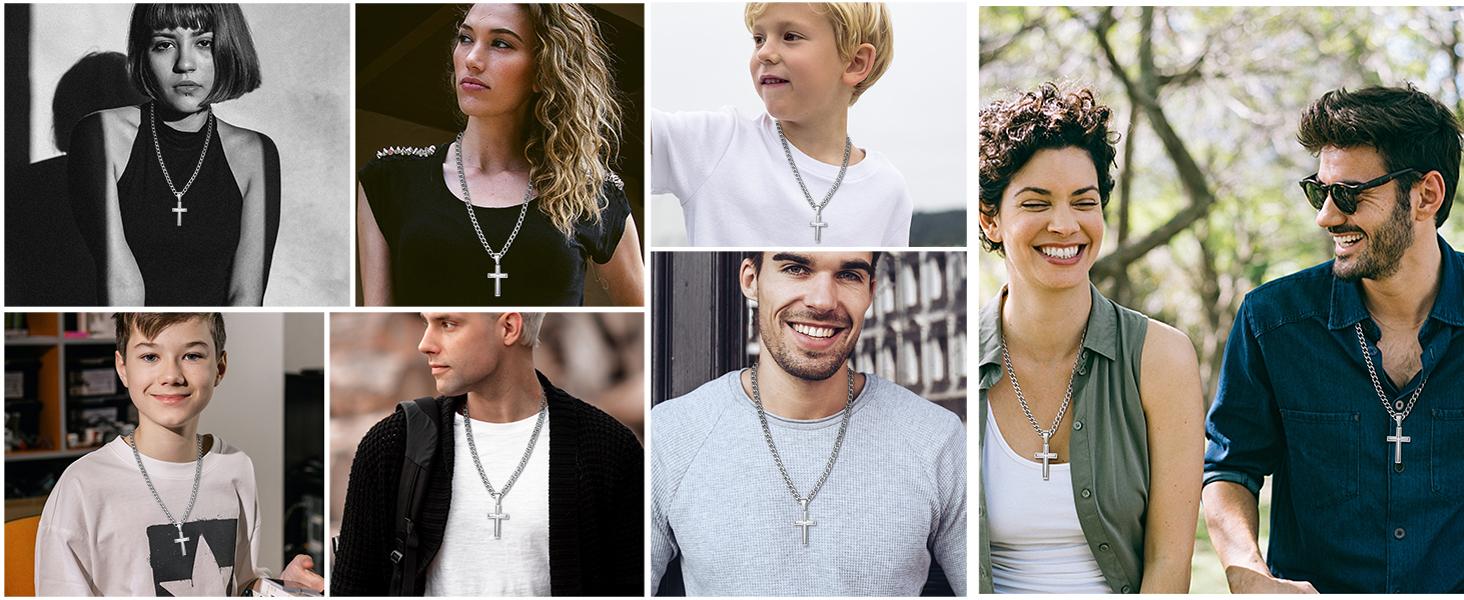 Besteel 925 Sterling Silver Fashionable Cross Necklace for Men & Women 16-30 Inches & 5mm pretty Men's Stainless Steel  Curb Cuban Link Chain Crucifix Cross Pendant Jewelry gift outdoorfun for summer
