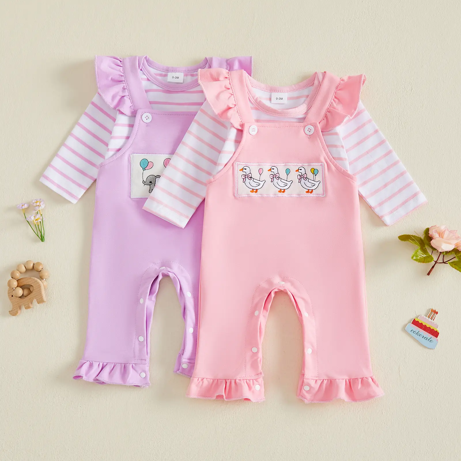Infant Baby Girl Outfits Stripe Print Long Sleeve Romper and Overall Pants Set Fall Winter 0-18 Months