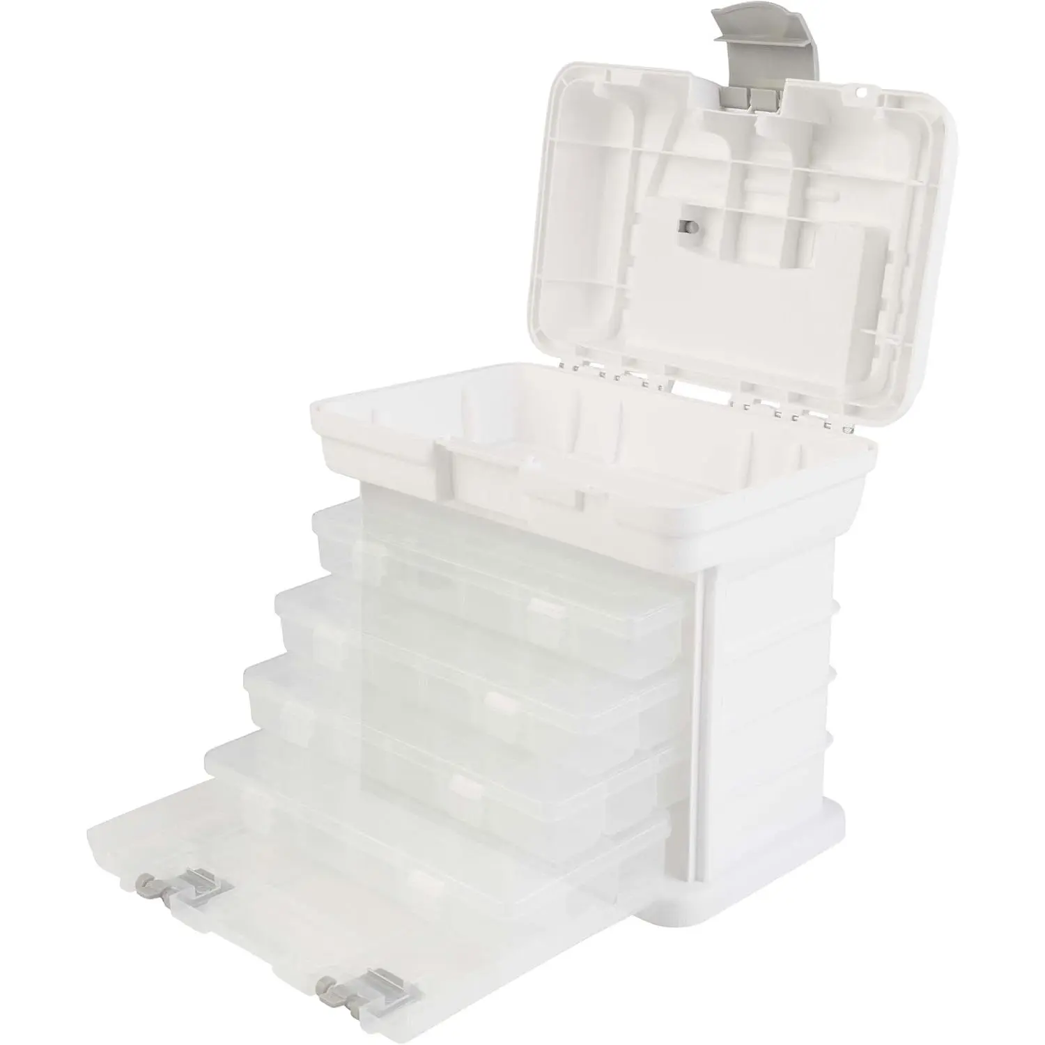 Portable Tool Box - 4 Removable Drawers, Customizable Compartments, (l) 10" x (w) 7" x (h) 10.5" Organizer for Craft Room, Workshop (White)