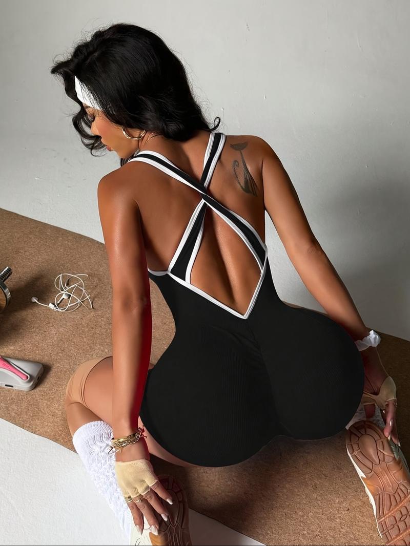 Women's Colorblock Criss Cross Back Sports Tank Romper, Sporty Sleeveless Romper for Yoga Gym Workout, Ladies Sportswear for All Seasons, Sporty Jumpsuit