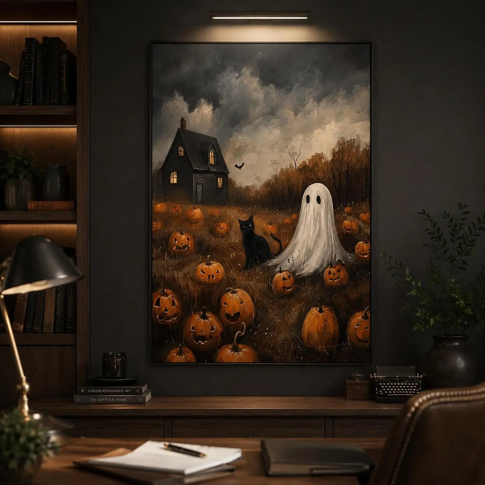 Gothic Halloween Canvas Art Poster - Spooky Ghost, Black Cat, Pumpkin Unique Wall Decor Aesthetic, Multi-Size 1-Piece Contemporary Home Decor for Living Room, Safe Packaging, Haunted Vintage Dark Academia Horror Autumn Bar Bedroom