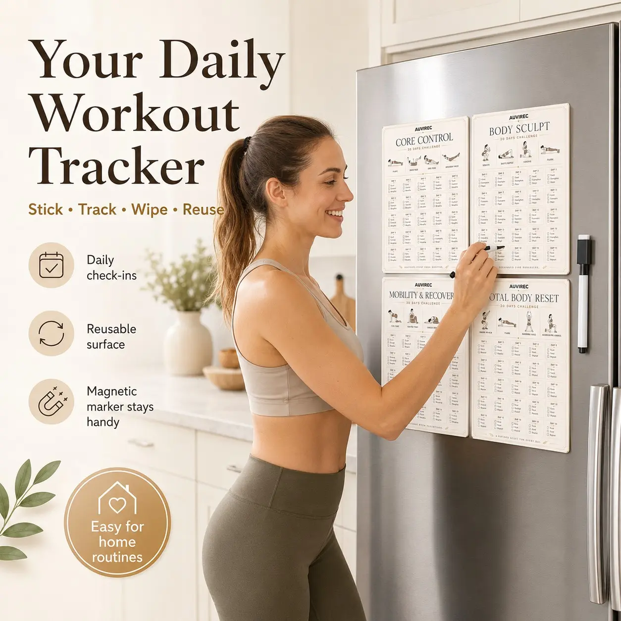 Auvirec 6-Piece Fitness Plan Set, 30-Day Home Workout Tracker Board, Erasable Marker Included, Full Body Training Planner for Refrigerator/wall/mirror