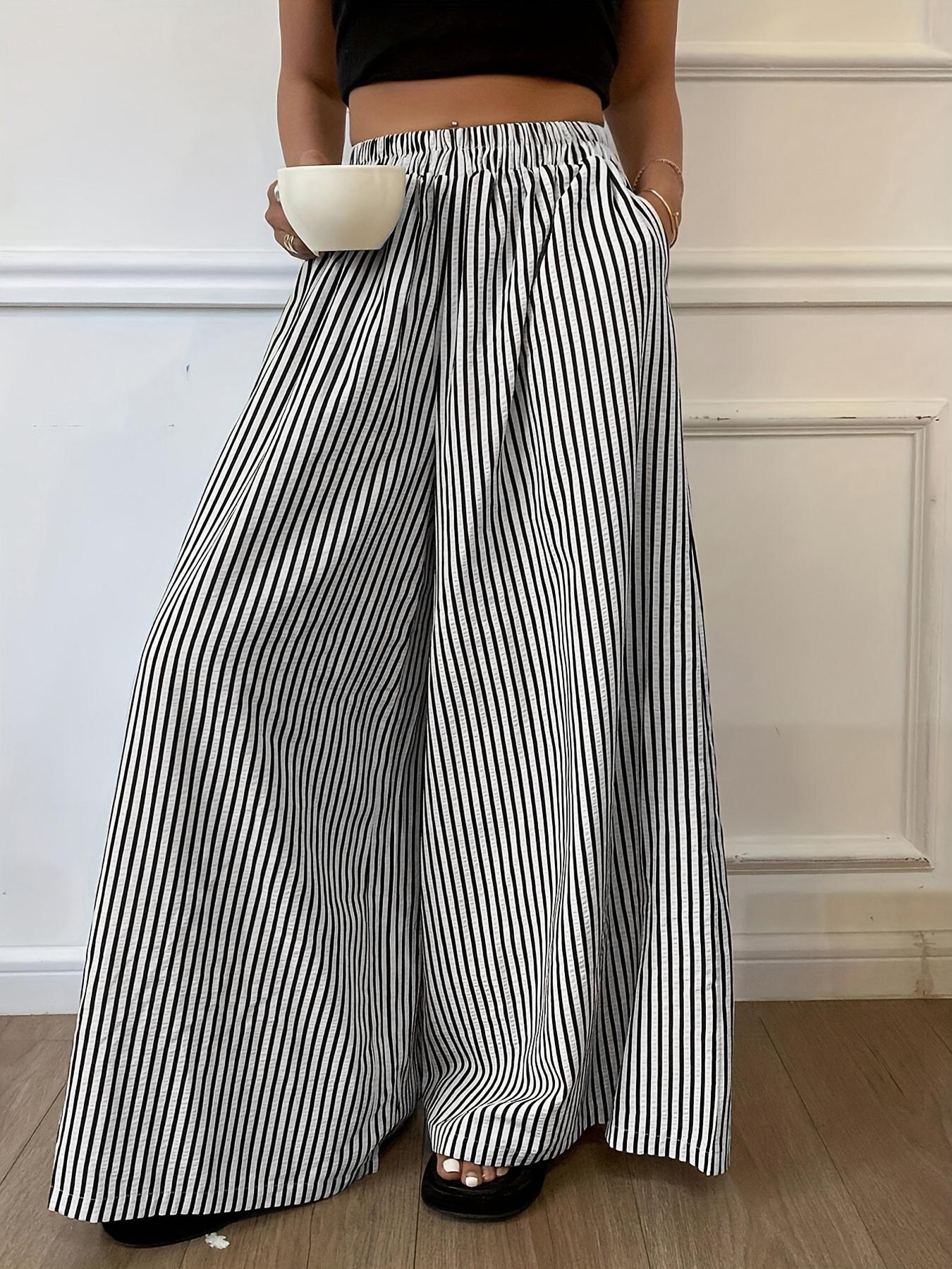 Women's Vertical Striped Casual Elastic Waist Wide Leg Pants, Loose-Fitting Stripe Design, Comfortable Daily Wear