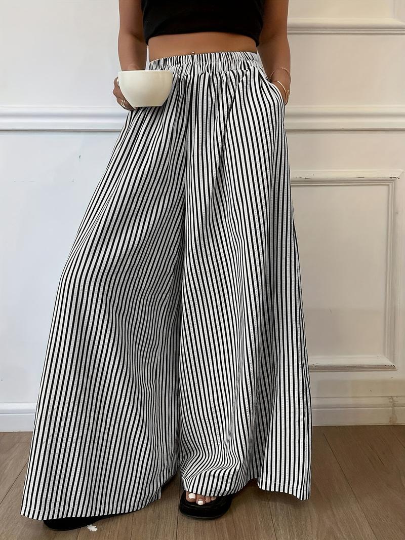 Valentine's Day Women's Striped Print Elastic Waist Wide Leg Pants, Casual Comfy Pocket Trousers for Daily Wear, Ladies Bottoms for All Seasons