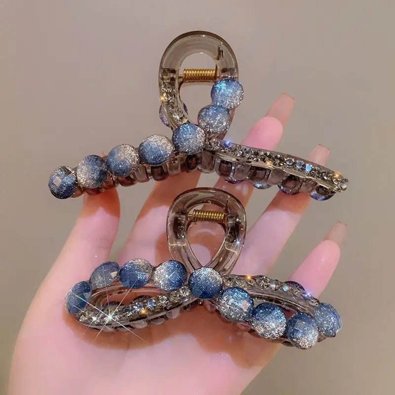 Galaxy Hair Claw Clips for Women Large Ombre Glitter Pearl Shark Jaw Clip Sparkling Rhinestone Non Slip Crystal Hairpins Strong Hold Updo Chignon Bun Maker Elegant Styling Hair Accessories