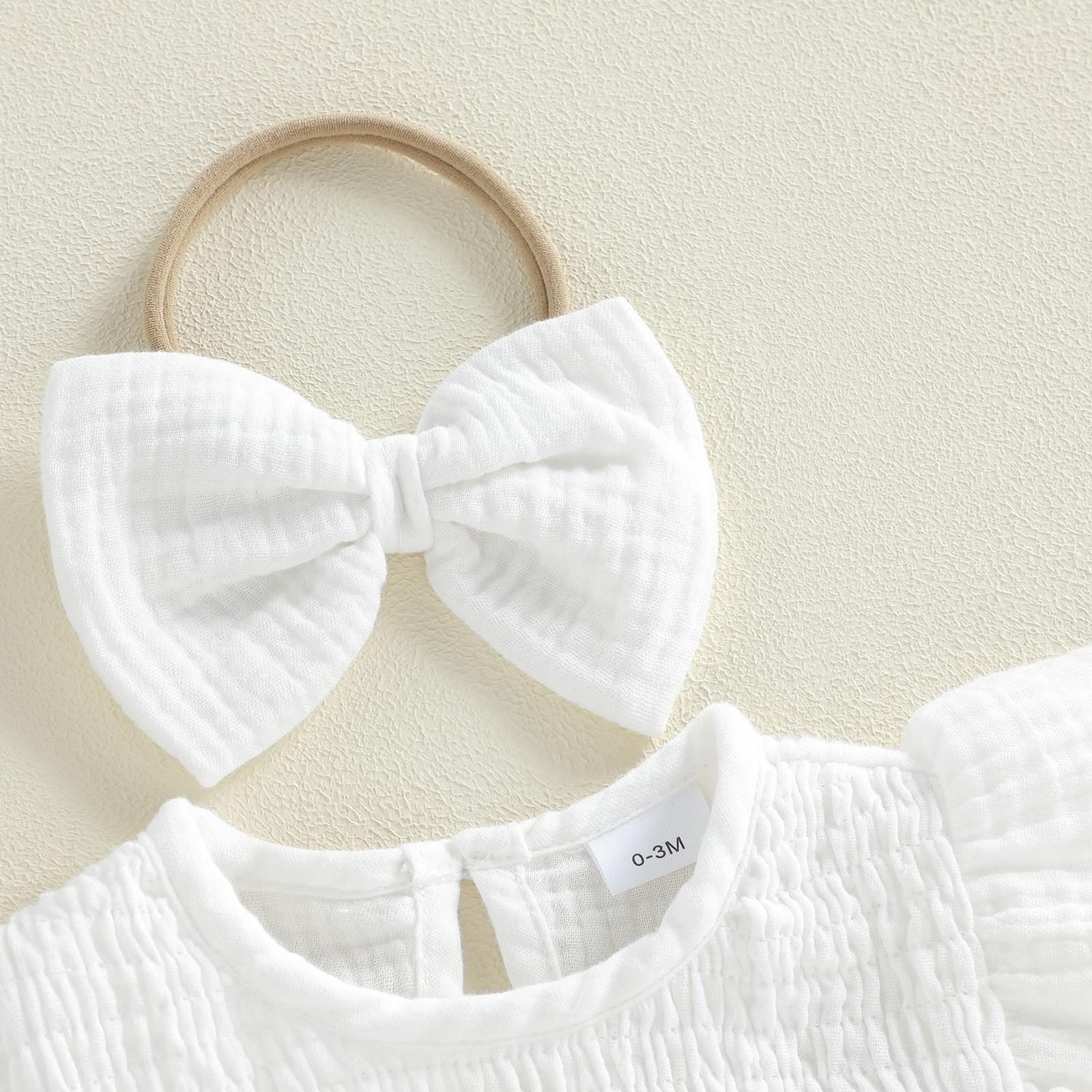 Newborn Baby Girl Romper Ruffle Sleeve Solid Smocked Bubble Romper Jumpsuit Bow Headband Cute Infant Summer Clothes