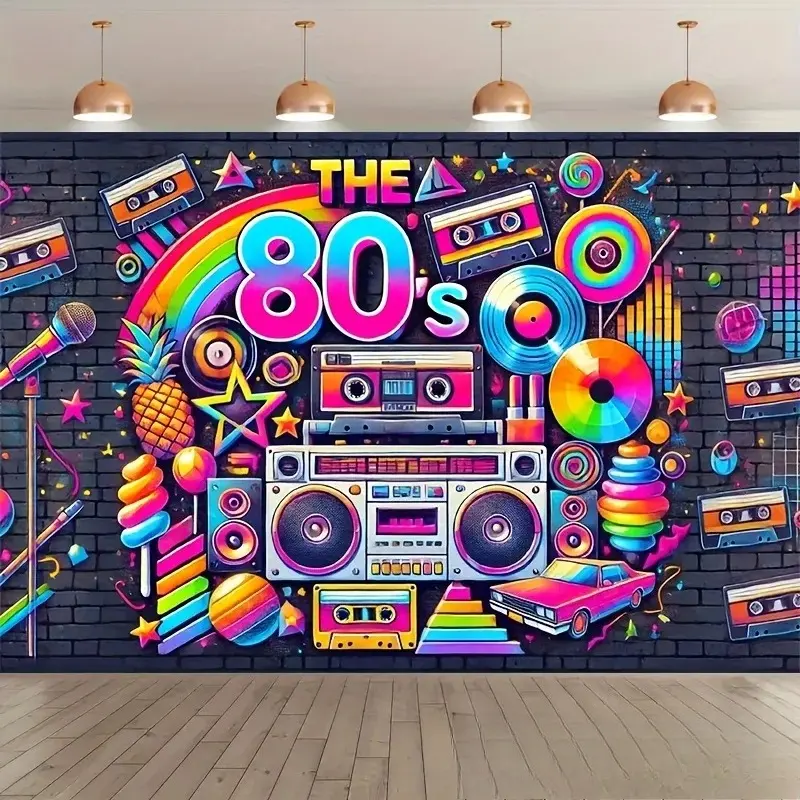 Retro 80s Film Rainbow DJ Backdrop Party Background Cloth, Neon Vintage Tapestry Wall Hanging Photography Background Premium Polyester Fabric, Music Party Decor, Birthday Celebration Setup, Studio Prop, Indoor Outdoor Event Background