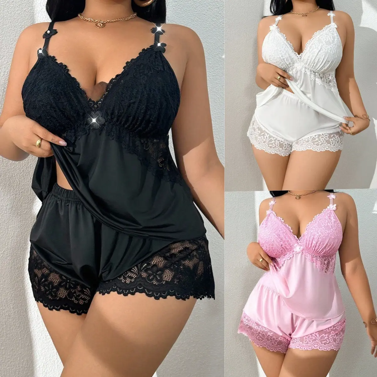 Sexy Women Lace Pajama Set Two Piece Lingerie Sleepwear Plus Size Soft Stretch Camisole Shorts Set Lightweight Comfortable Lounge Wear Nightwear Bedroom Honeymoon Valentine’s Vacation Outfit