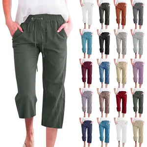 Capris Pants for Women 2025 Cotton Linen Sweatpants Casual Summer Straight Wide Leg Loose Drawstring Elastic Trouser
