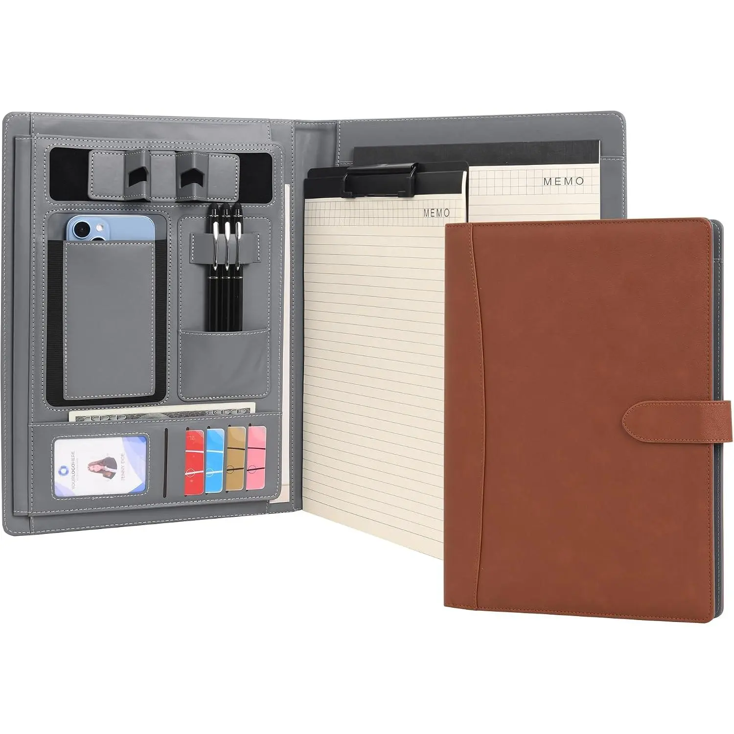 Portfolio Padfolio A4 Leather PU Folder File Document Holder Case with Writing Pad Removable Clipboard Card Stationary Case Phone Tablet Stand for Organizer Office Travel School ()