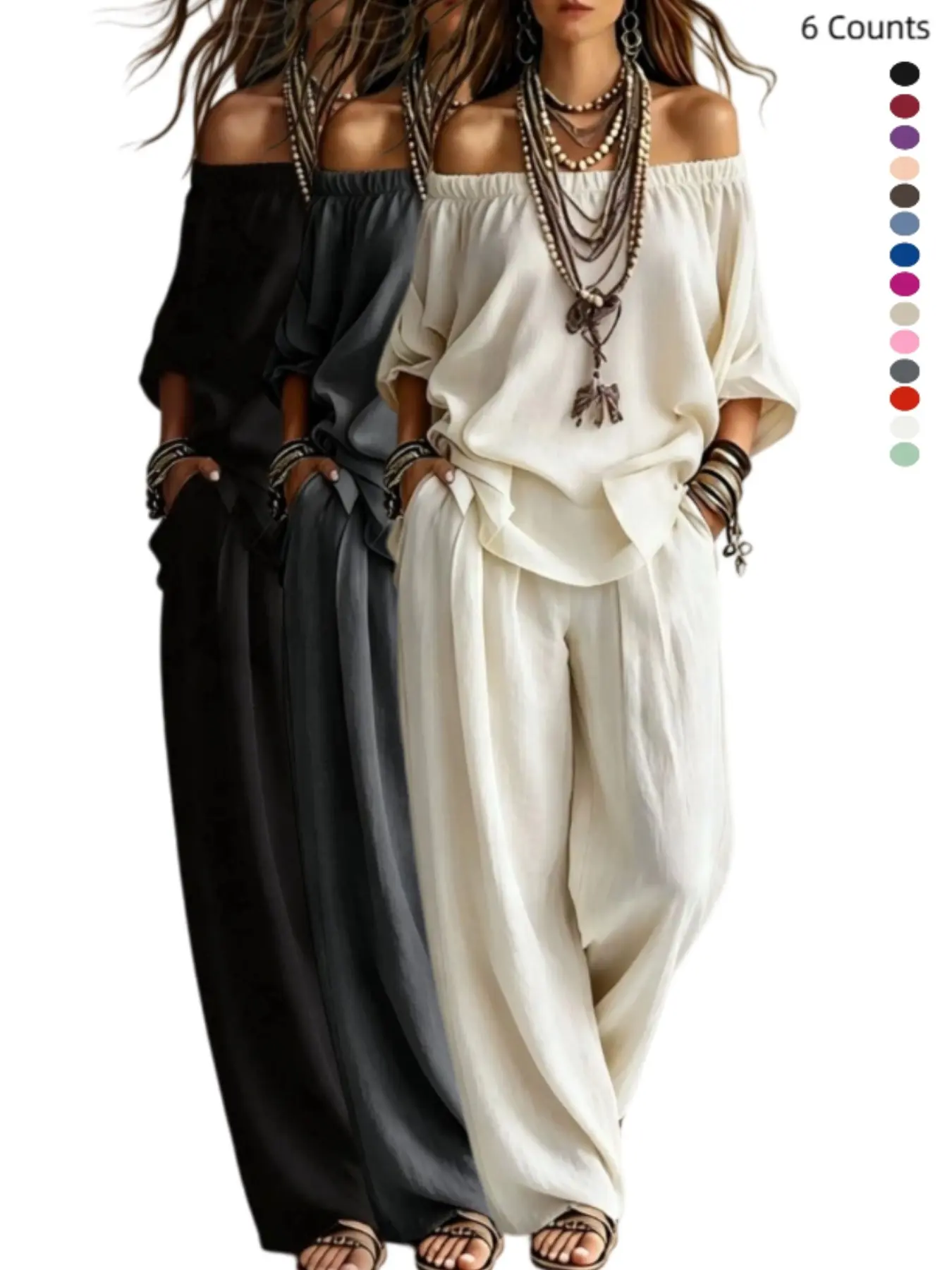 Women 2/6 Pack Off Shoulder Batwing Sleeve Loose Top and Wide Leg Pants 2 Piece Outfit Set, Boho Casual Vacation Matching Suit Multipack