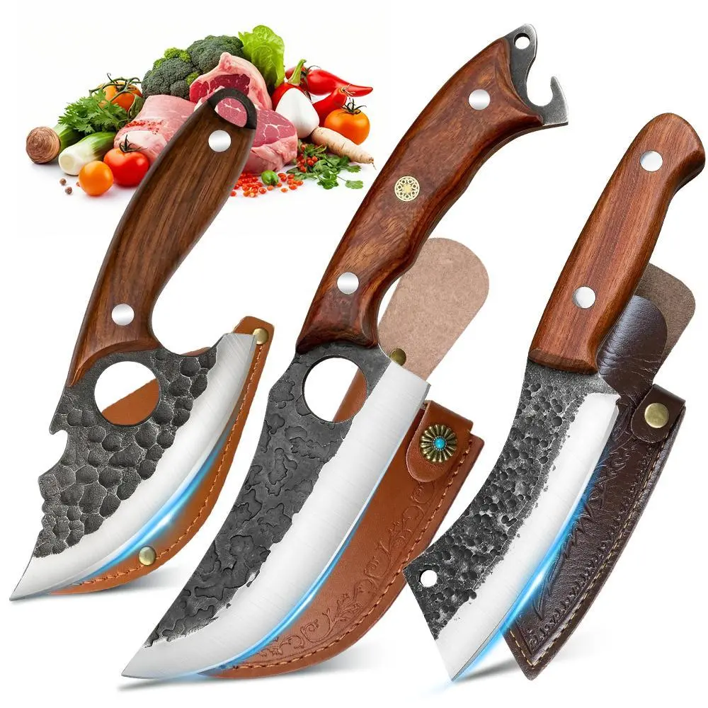 3PCS Professional Kitchen Knife Set with Leather Sheaths, Forged Stainless Steel Chef Knives, Butcher Knife, Carving Knife & Paring Knife with Wood Handle for BBQ, Camping#DealsForYouDays