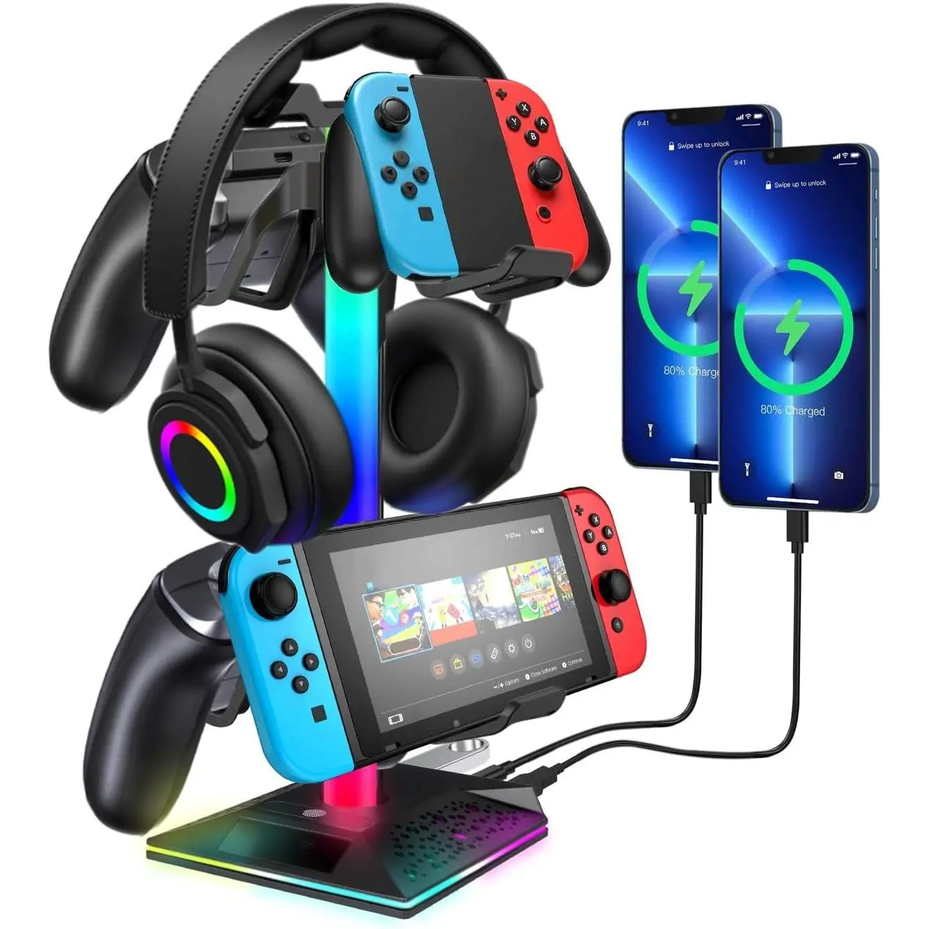 RGB Gaming Headphones Stand with 2 USB and 1 Type-C Ports, Headset Stand with 10 Light Modes and Non-Slip Rubber,Suitable for  Earphone Accessories,   for Desk Gamers