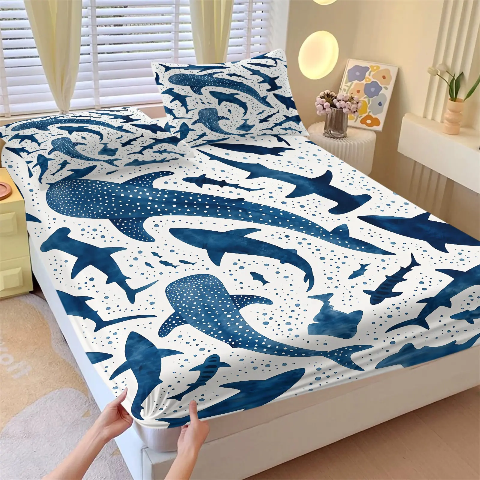 3PCS Navy Blue Marine Shark Whale Shark Print Fitted Sheet Set, Toddler Bed Sheets (1 Fitted Sheet + 2 Pillowcases), Elastic Microfiber Bedding, Non-Slip Deep Pocket Mattress Protector, Cute Ocean Theme Kids Bedroom Decor Summer Vibes