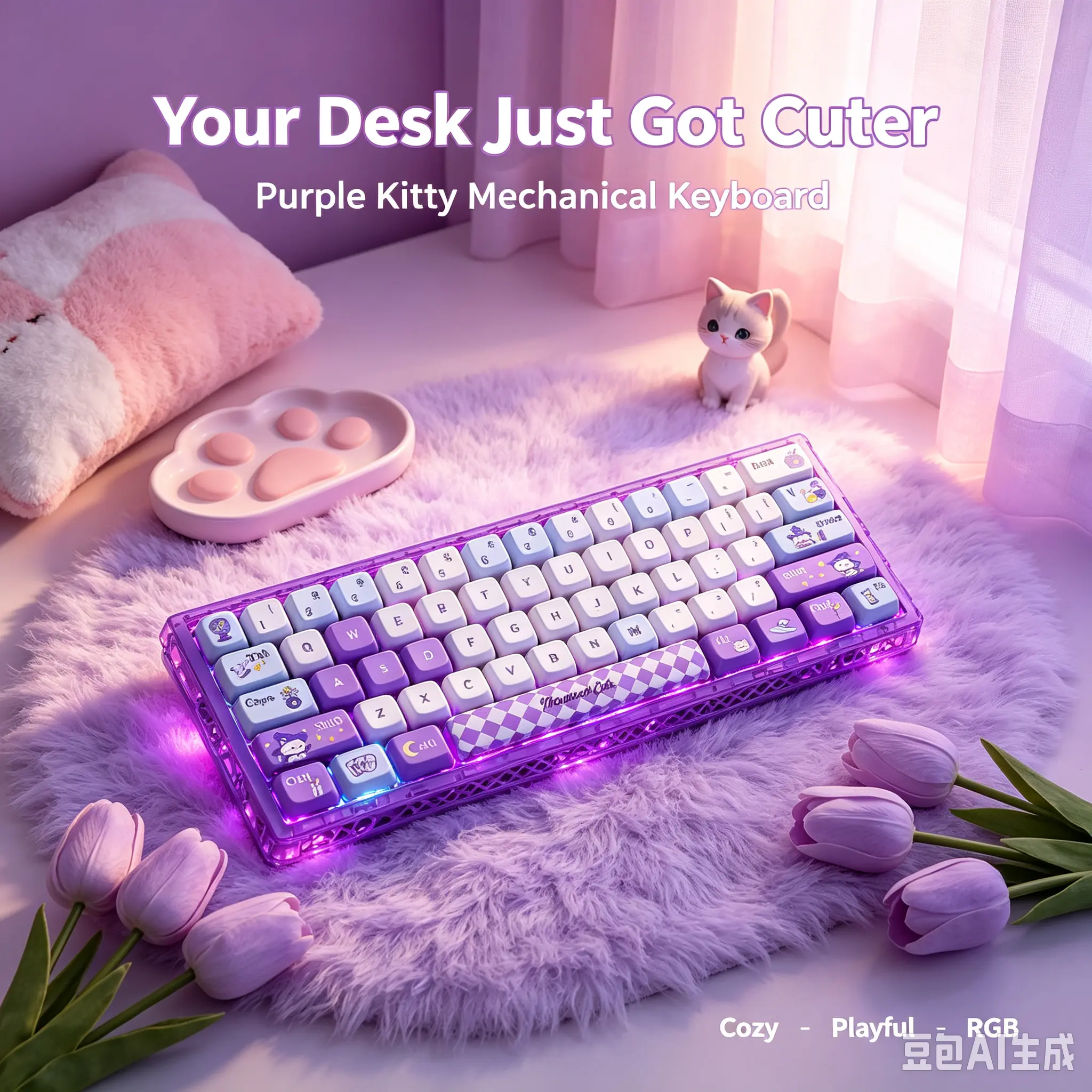 60% Hot-Swappable Gasket Mechanical Keyboard, Purple Magical Cat-Themed Cute Kitty Keyboard for Students & Daily Work Desktop Setup, Creamy Computer & Office Accessory peripheral